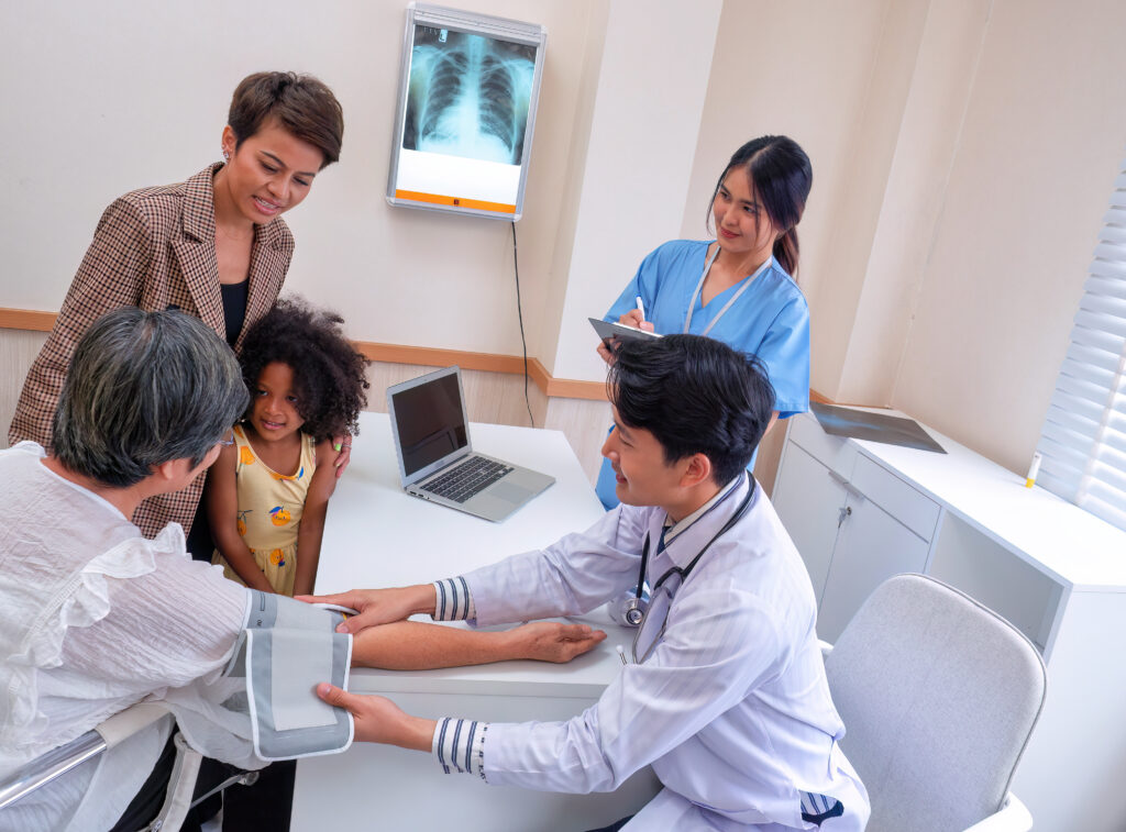 At hospital room patient sit on wheel chair consult doctor on heart beat prepare for blood pressure thumbnail